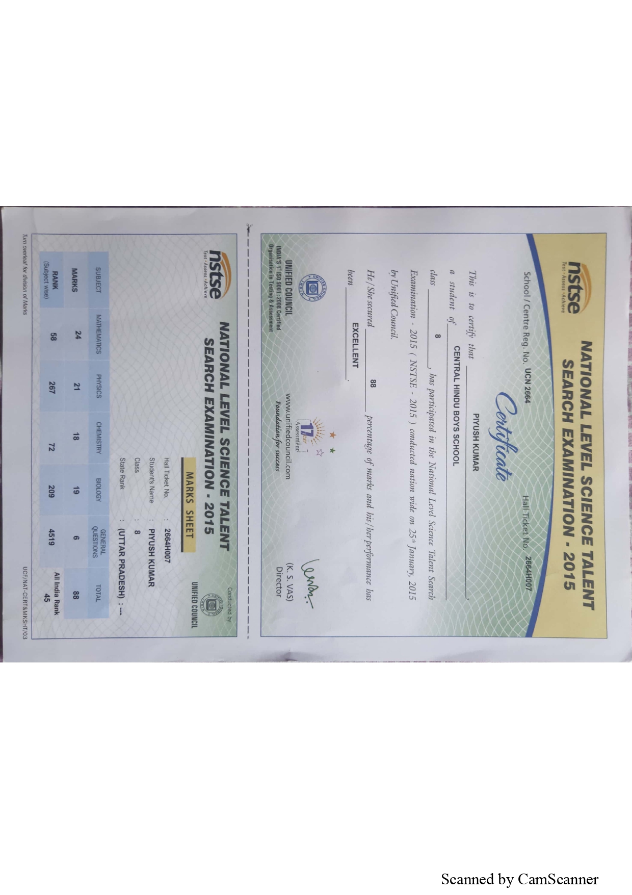 NSTSE rank marksheet, Class 8th